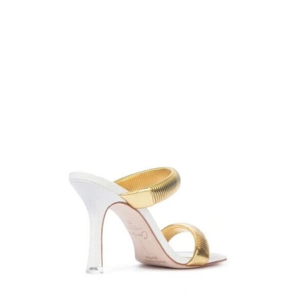 BLACK Suede Studio BNWT "Lisa" Dual Band Heels Gold White Sz 36 New Leather - Picture 2 of 10